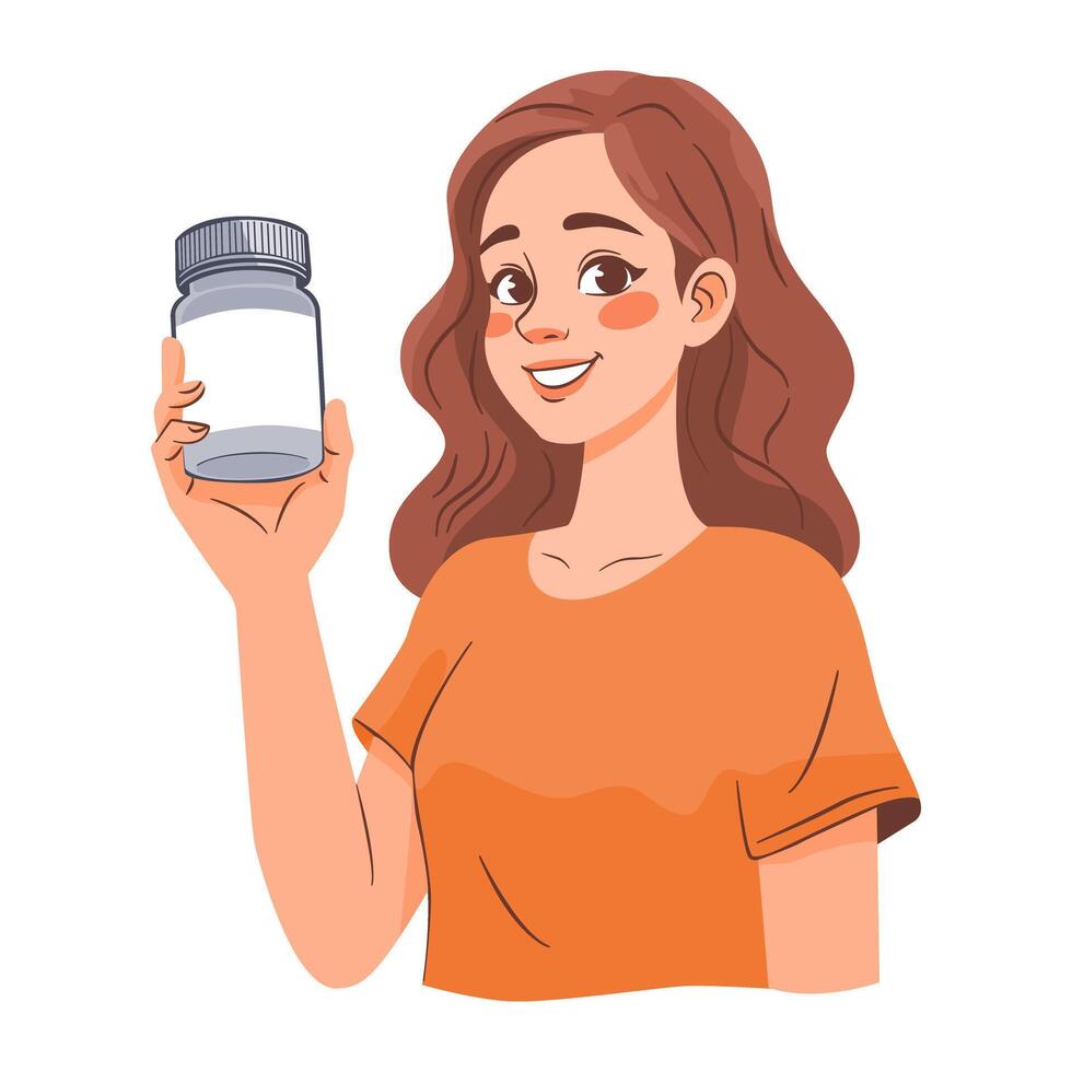 Smiling Woman Holding a Bottle of Supplements vector