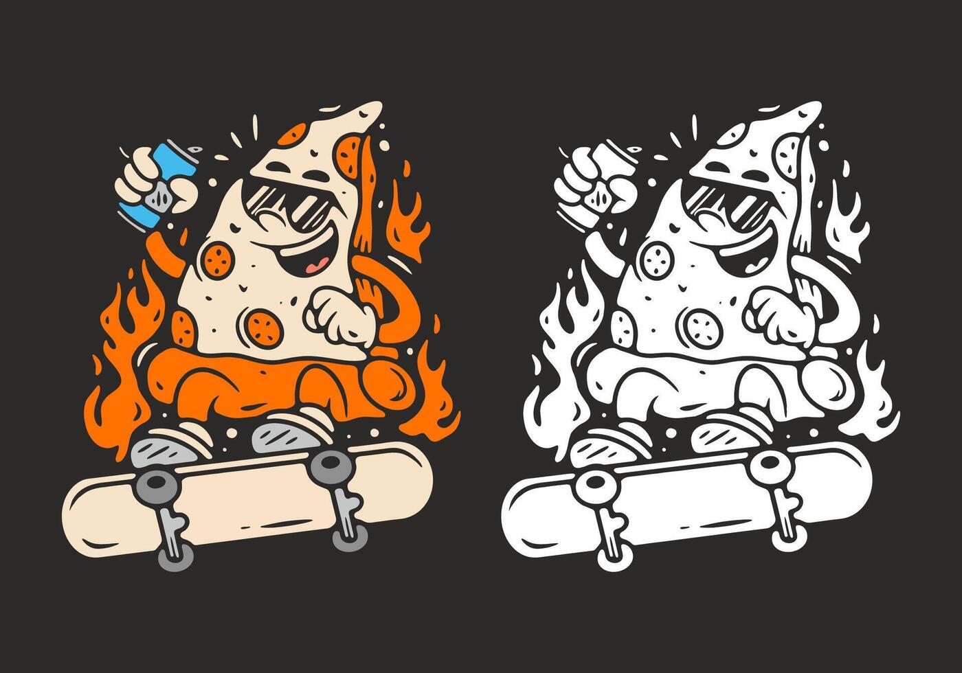 Pizza mascot character with skateboard illustration, with white colors options vector