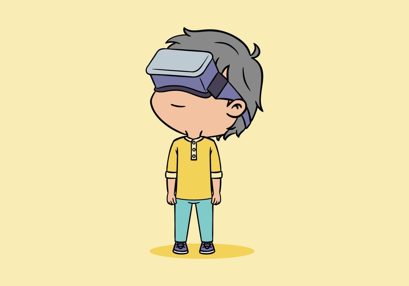 Cute boy chibi character using virtual reality VR gadget, yellow background vector