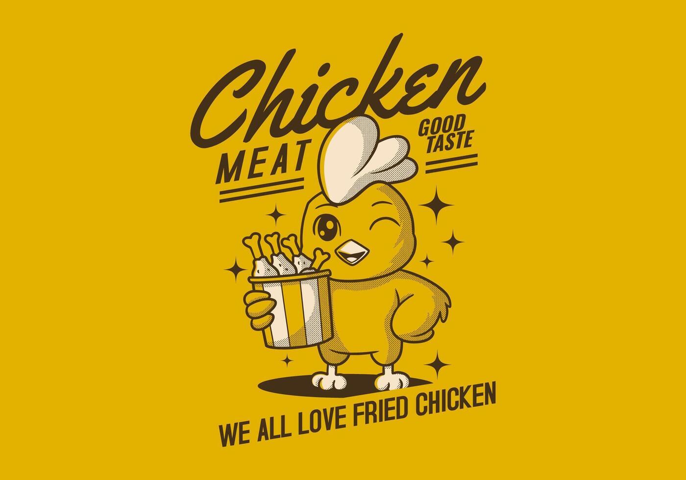We all love fried chicken. Retro mascot character of chicken or rooster holding a cup of fried chicken. full yellow background vector