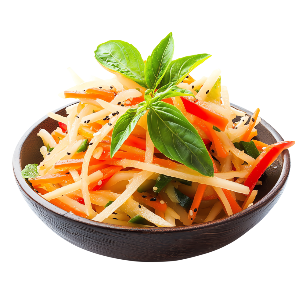 A bowl of salad with carrots and herbs, papaya salad png