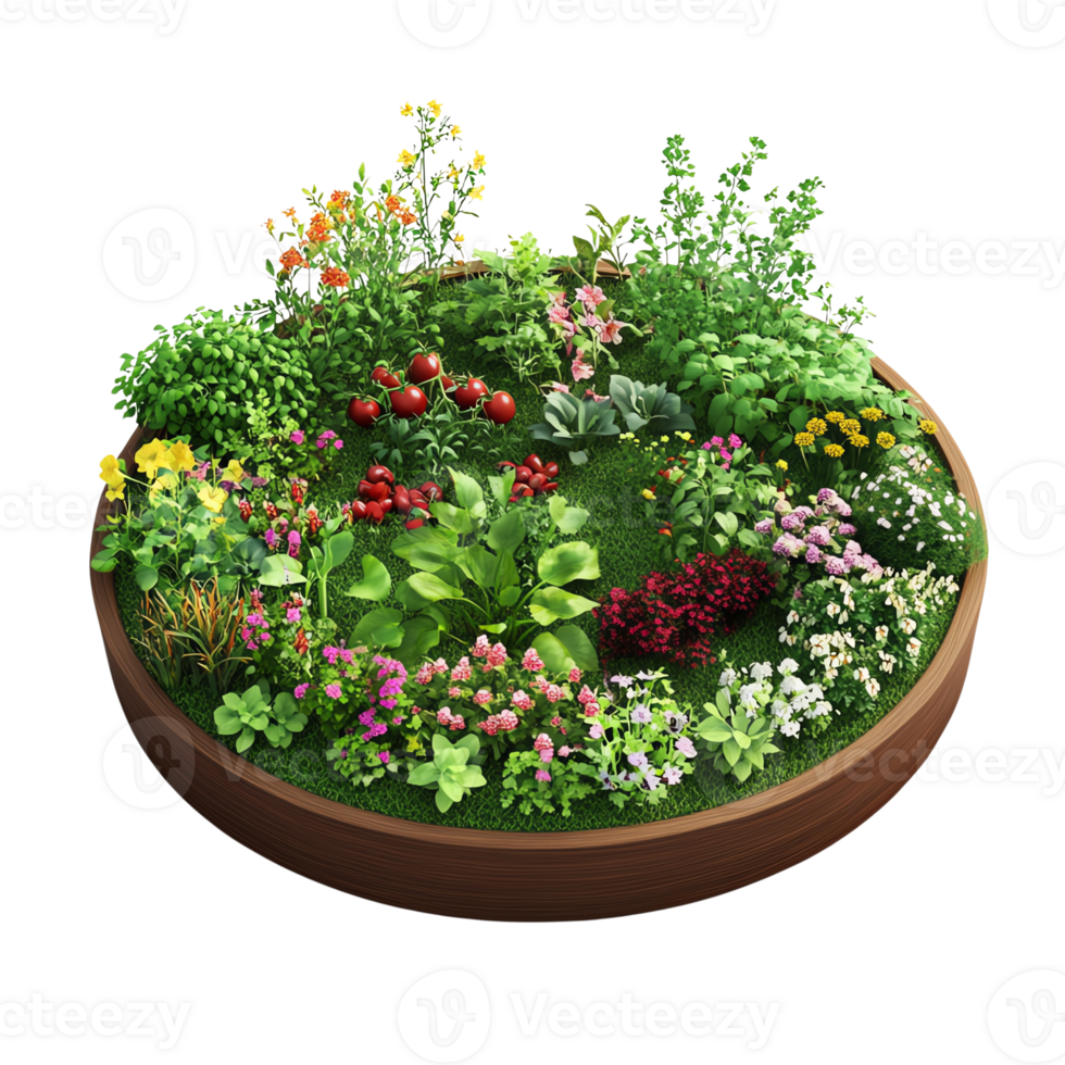 Circular garden bed with various blooming flowers and herbs png
