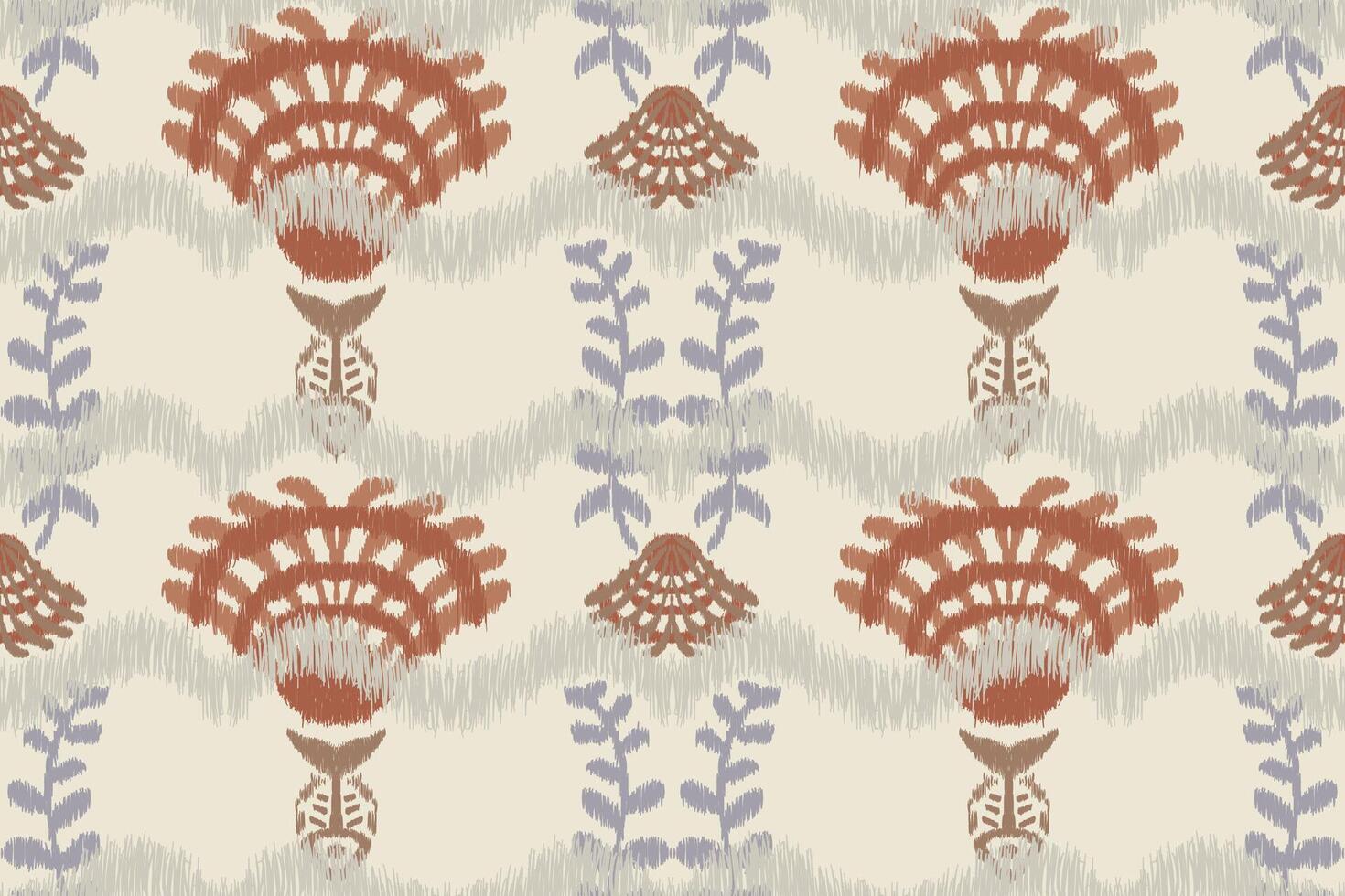 Seamless Ikat Pattern in Warm Earth Tones with Traditional Tribal Motifs Featuring Abstract Floral Shapes and Symmetrical Design, Perfect for Textile, Wallpaper, and Home Decor Applications vector