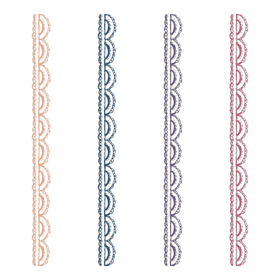 Hand drawn ink illustration. Ribbon lace braid zigzag tassel, sewing craft embroidery supplies. Set of objects isolated on white background. Design atelier, tailor, hobby shop, fashion boutique vector