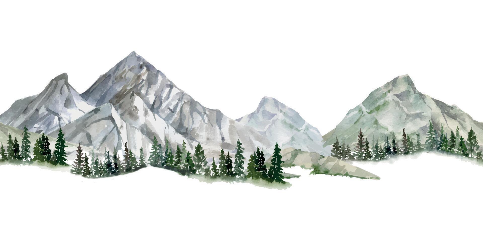 Scenery landscape of mountain range with snowy peaks, cliffs. coniferous forest pine trees, alpine vista hand drawn in watercolor. Seamless banner. Tourism, resort ads, hiking camping sites vacation. vector