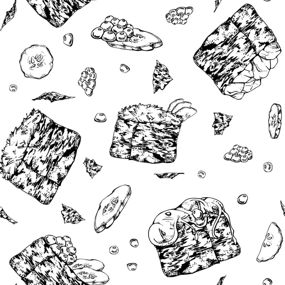 Traditional Japanese food, gunkan sushi with raw fish salmon tuna crab, nori wrap, caviar cucumber chuka hand drawn in pen, ink. Seamless pattern for restaurant cafe menu, kitchen, recipe book vector