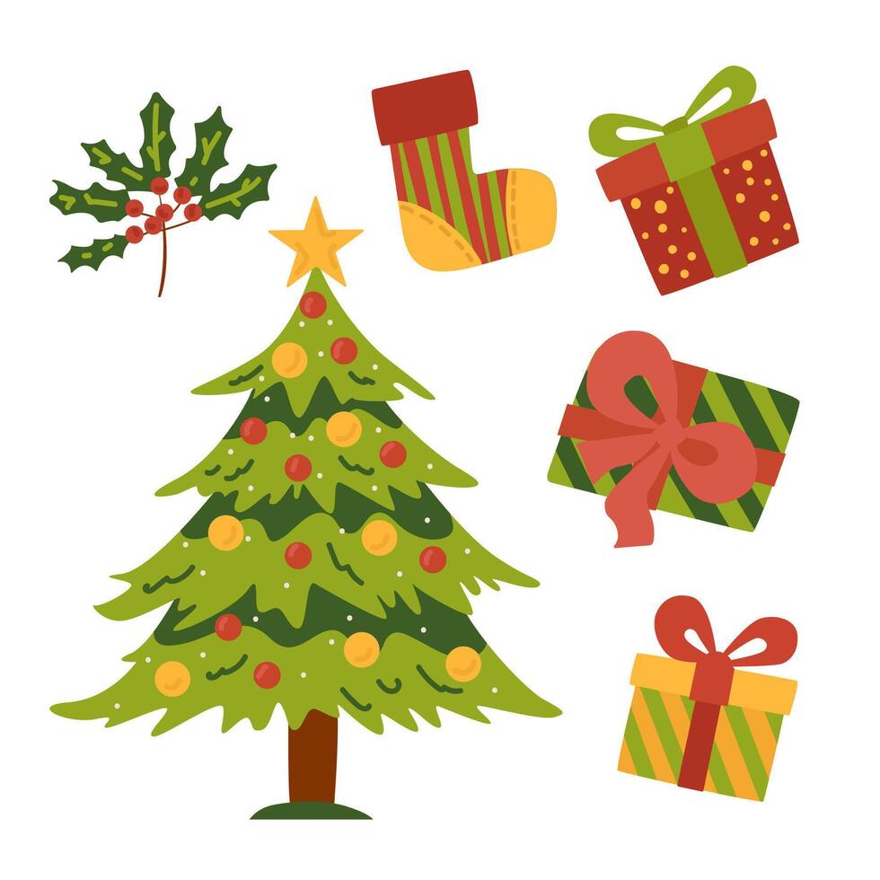 Merry Christmas and Happy New Year . Christmas Tree, Gifts. , flat style. vector