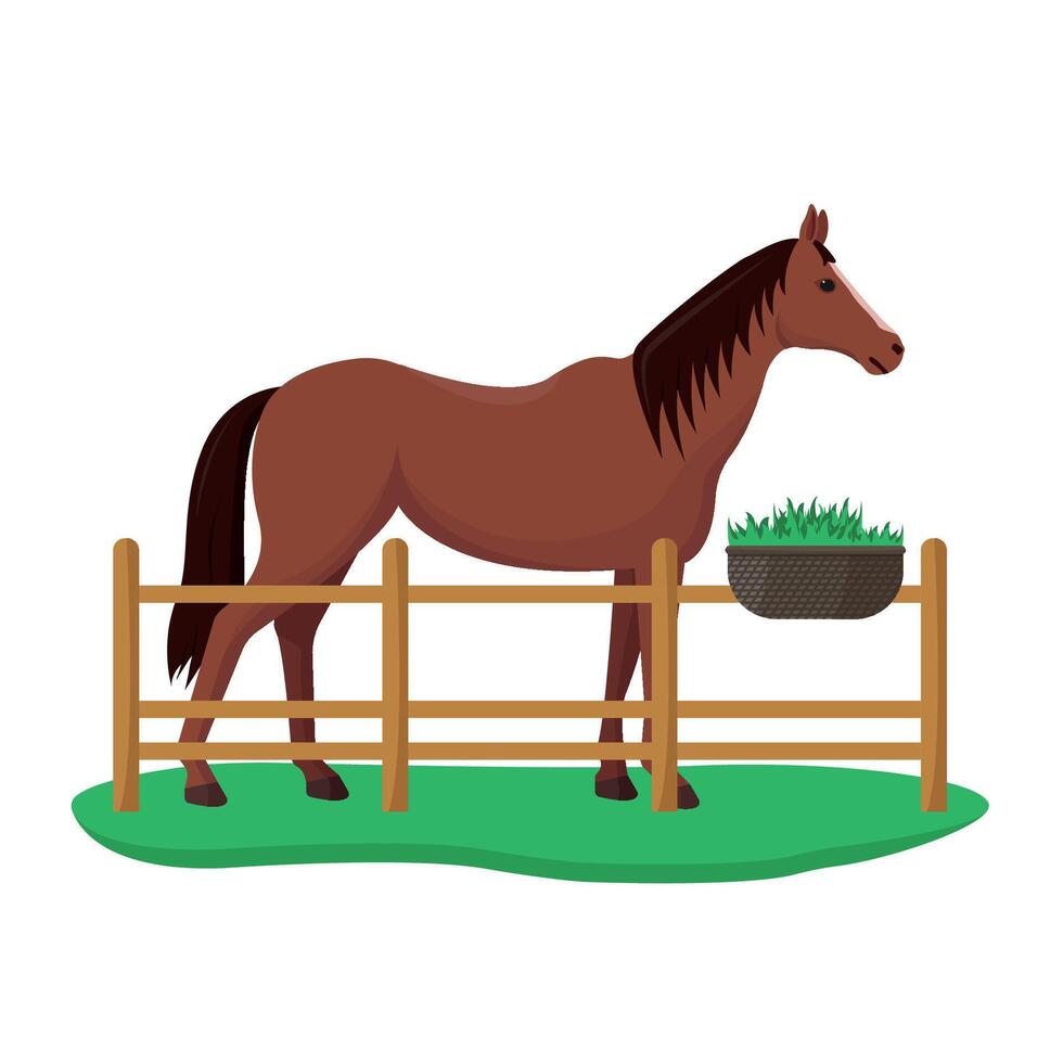 Horse icon with fence and grass. vector