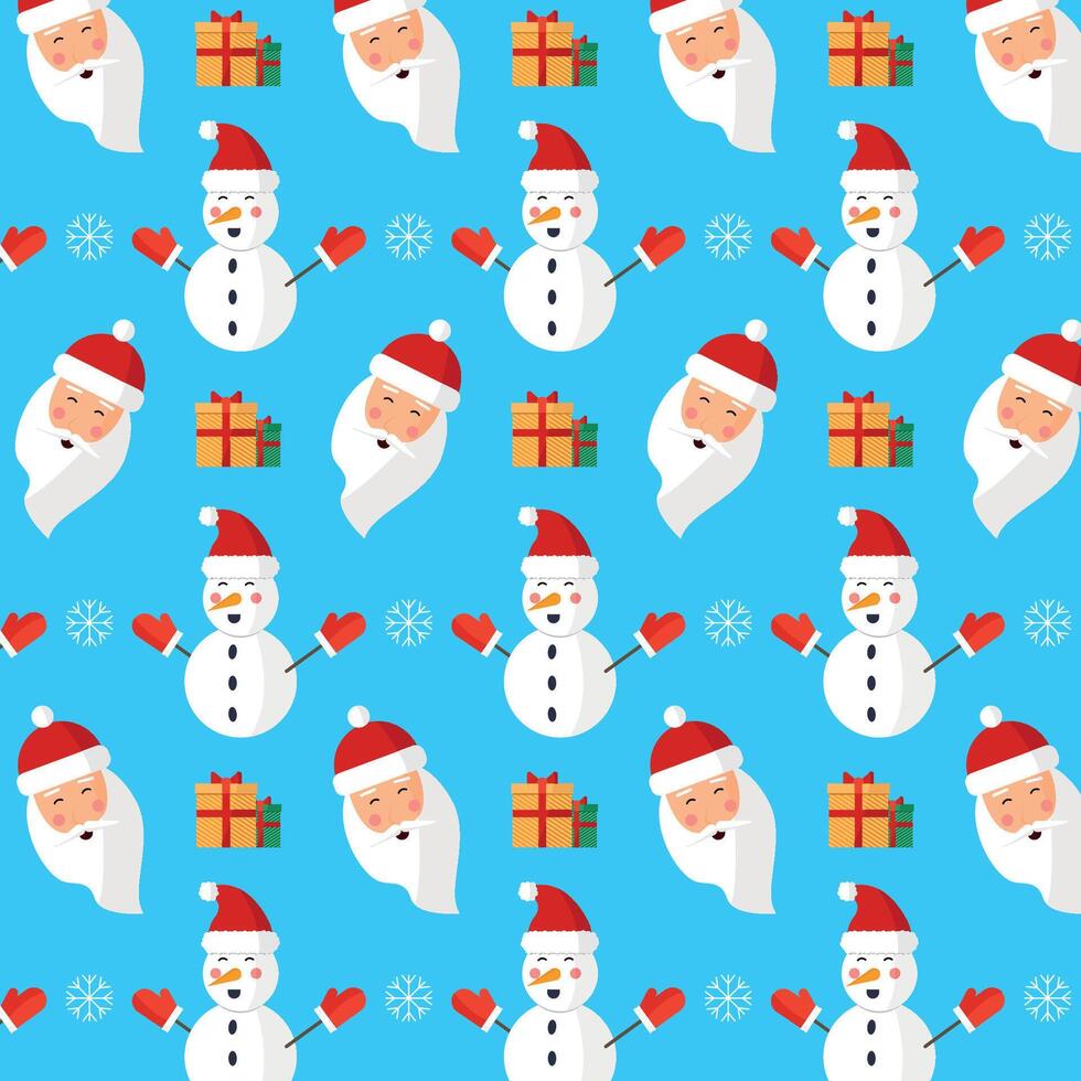 Seamless pattern with Santa, snowman and gifts on blue background. vector