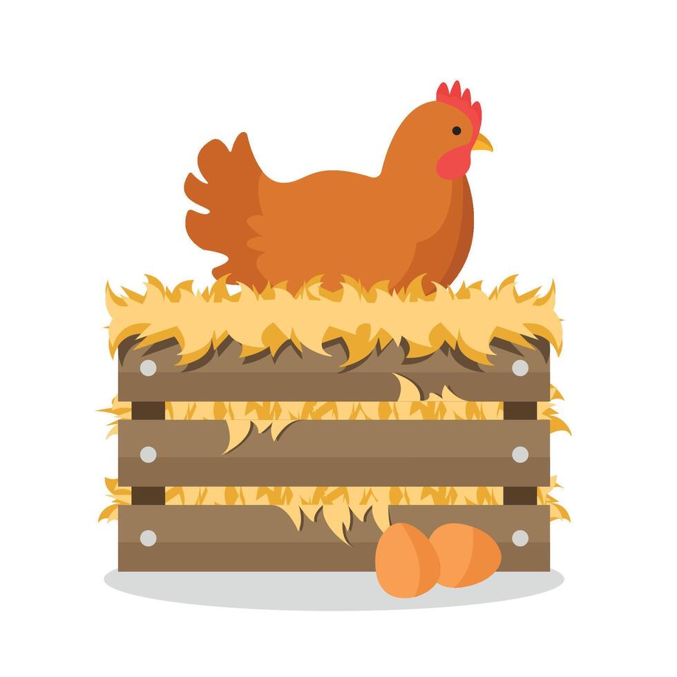 Chicken icon on a bale of hay with eggs. vector
