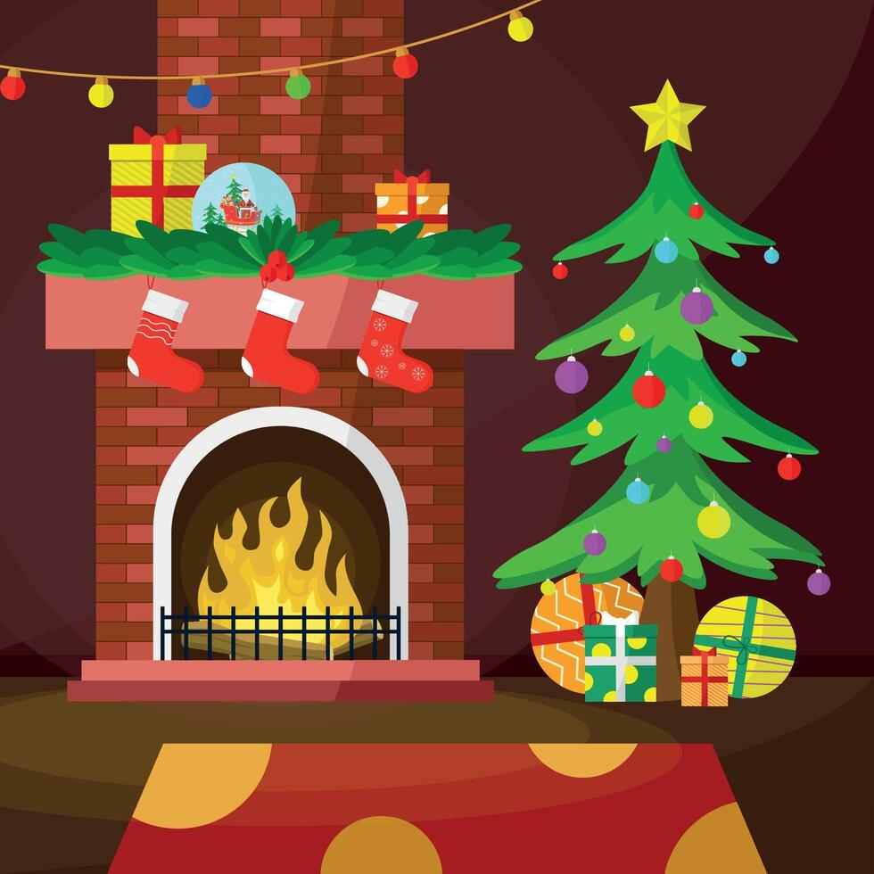 Fireplace with gifts, tree, decorations and a carpet. vector