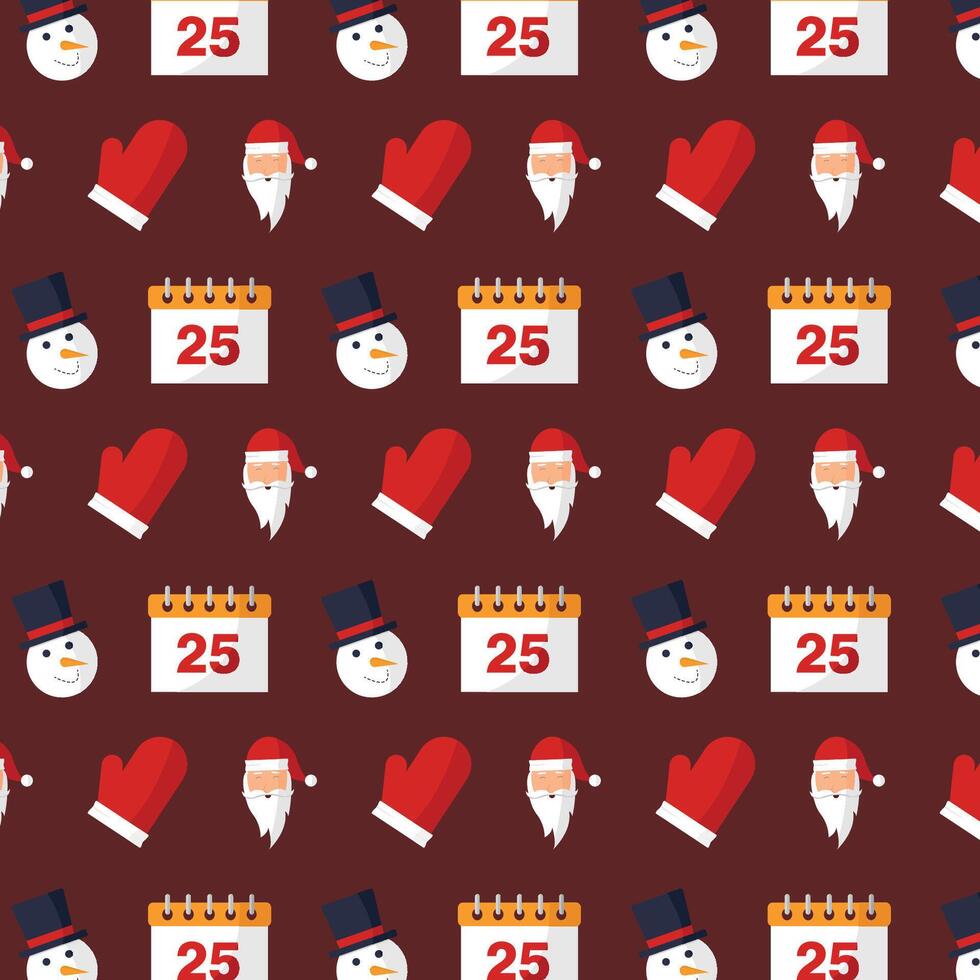 Seamless pattern with calendar, Santa and snowman on red background. vector