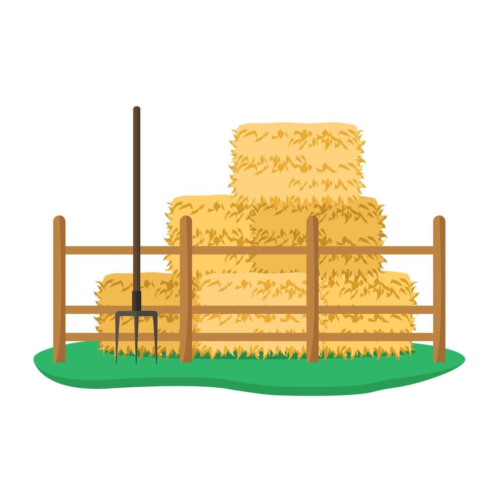 Straw bales with pitchfork behind fence. vector