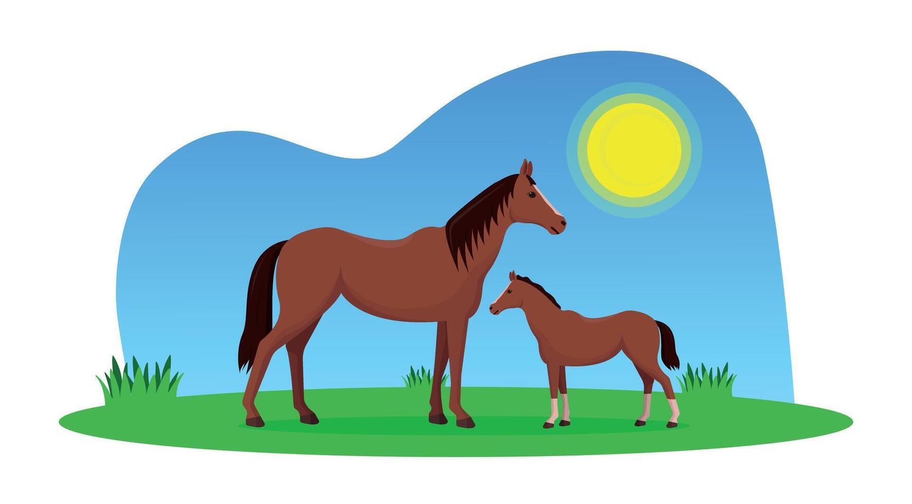 Horse and foal on a meadow with sun. vector
