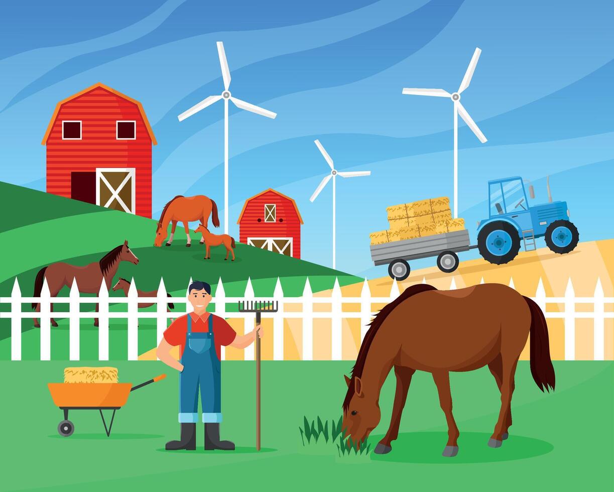 Farmer in a field with horses and a tractor. vector