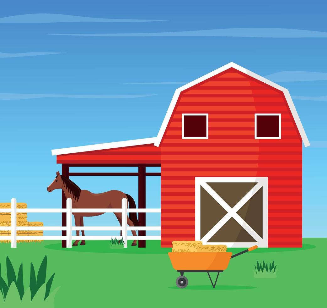 A barn with a horse and a wheelbarrow of hay. vector