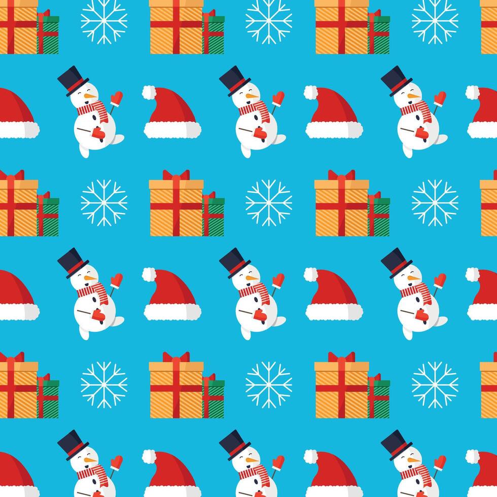 Seamless pattern with gifts, snowman and snowflakes. vector