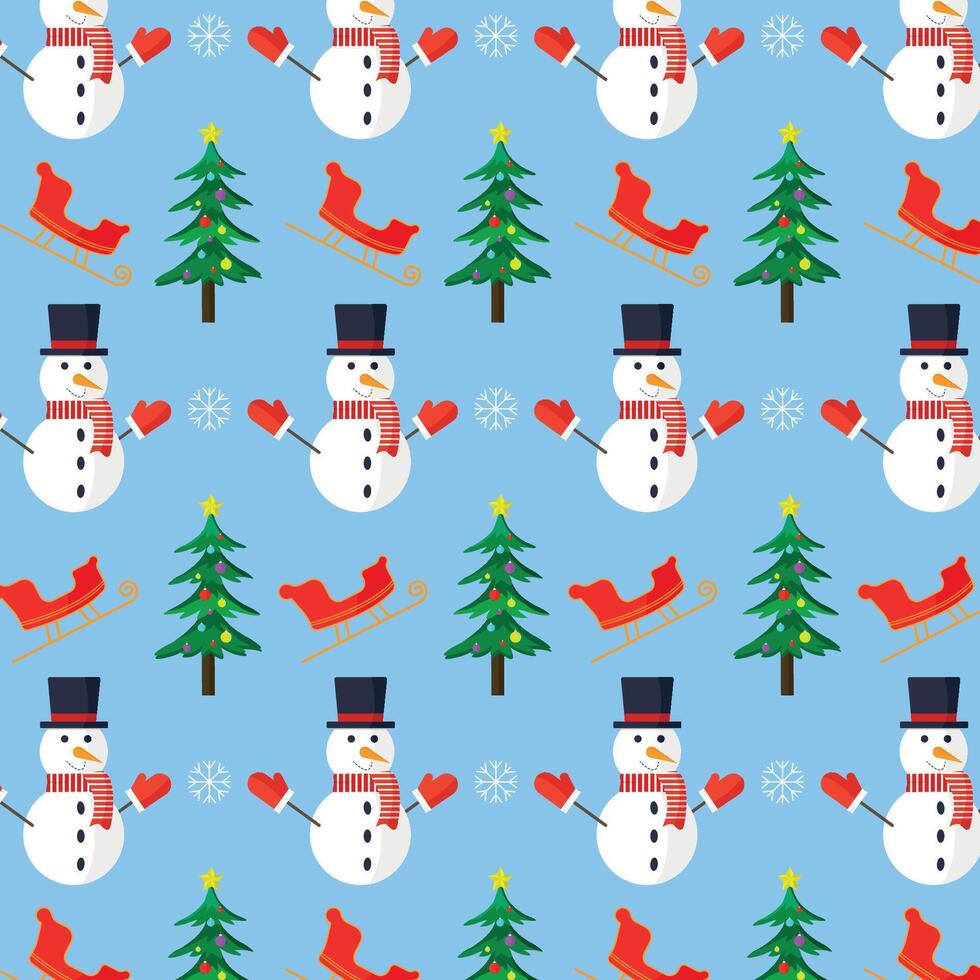 Seamless pattern with snowman, sleigh on blue background. vector