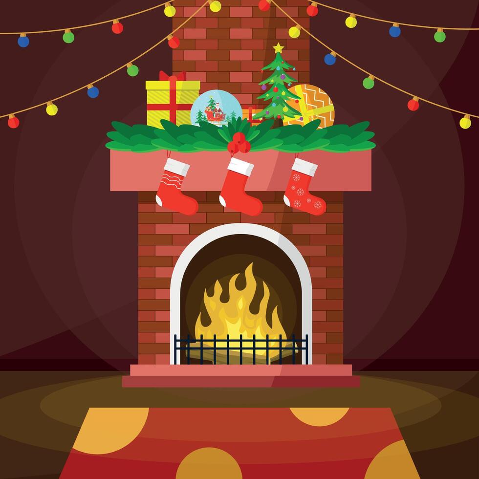 A fireplace in a room with fire, gifts and decorations. vector