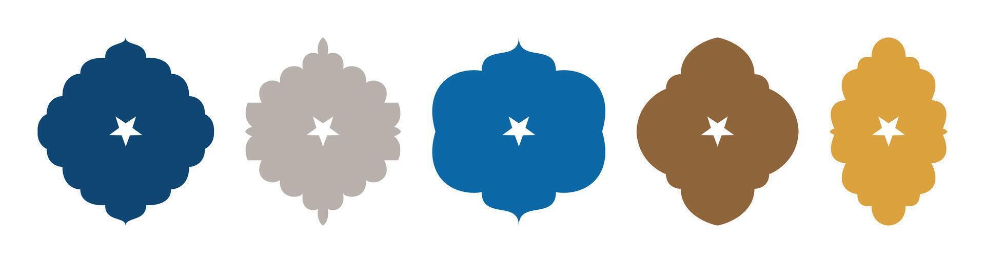 Islamic shape of window or door arch with five-pointed star. Arab frame set. Ramadan Kareem silhouette flat icon. Mosque gate. Islamic arabesque pattern. Arabian Turkish Muslim shape arch vector