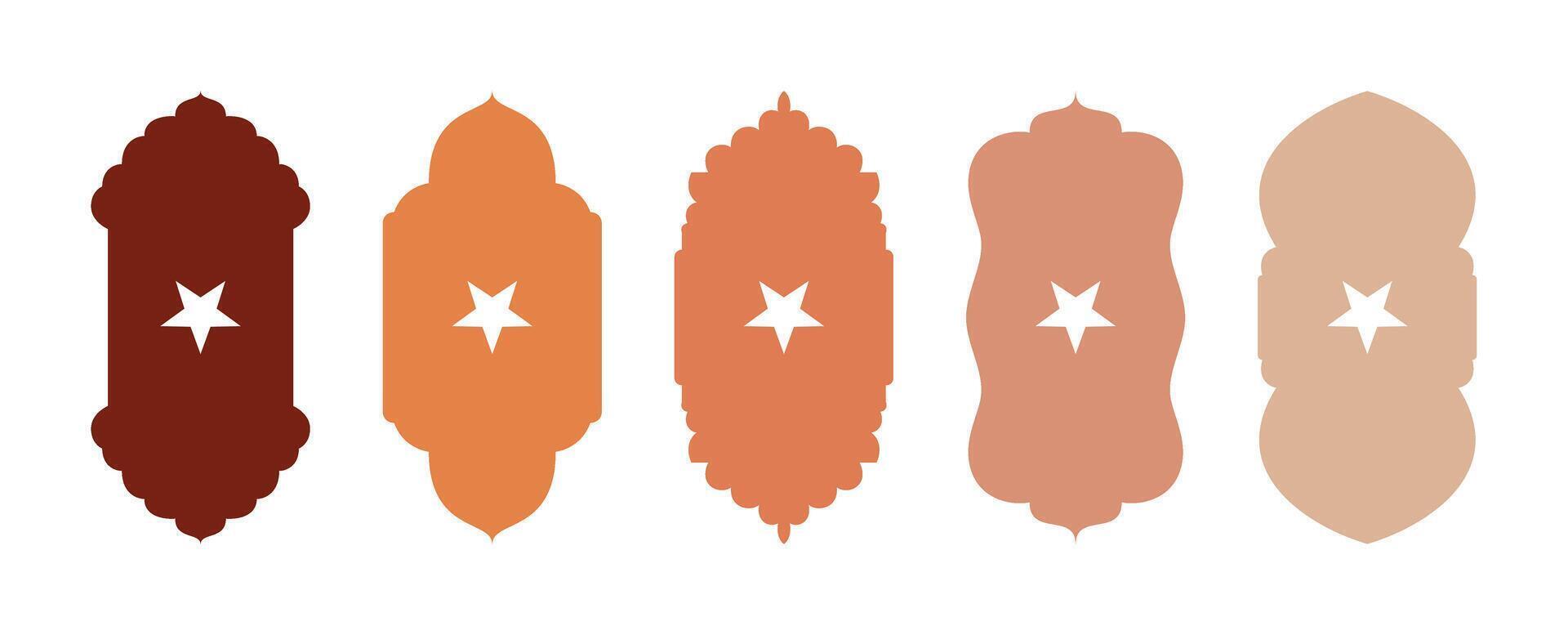 Islamic window and arch flat icons with Arabic, Moroccan design. Mosque door frames, star, lantern shapes for Ramadan and Eid promotions. Isolated on transparent background. Minimal flat style vector