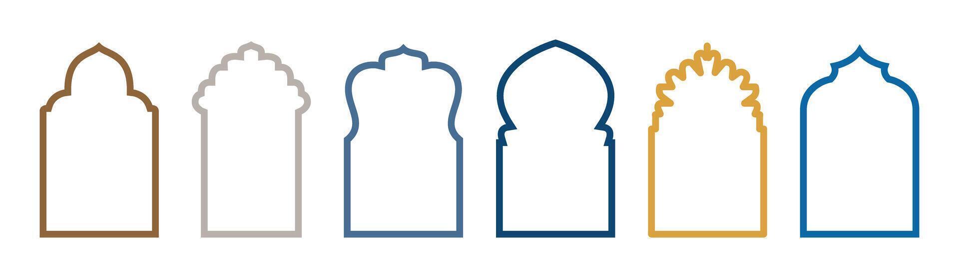 Shape Islamic door and window silhouette Arabic arch. mosque gate stroke isolated on transparent. Collection of patterns in oriental style. Frames in Arabic Muslim design for Ramadan Kareem vector