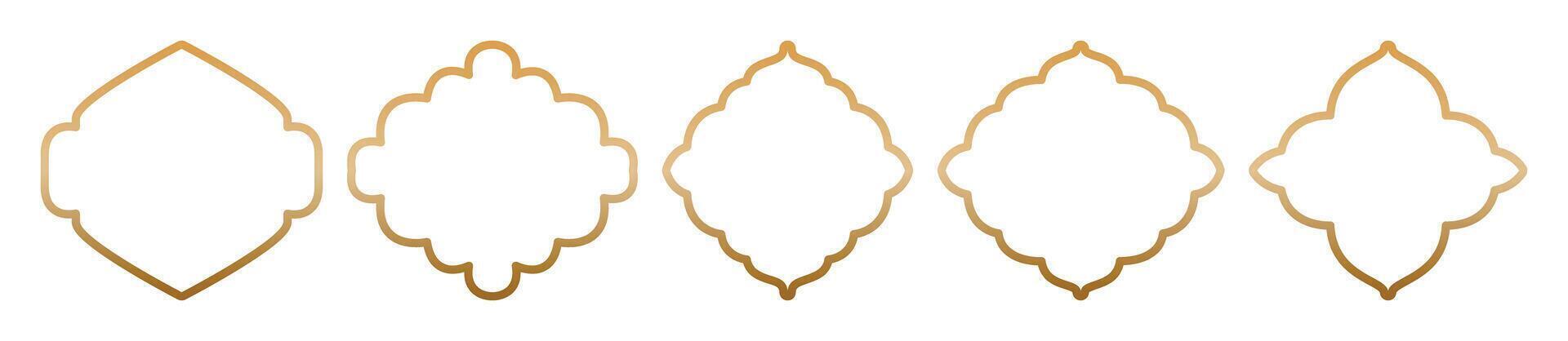 Islamic vintage shapes outline with gold gradient isolated on transparent background. Lines frames ornate, badges, labels set. Frames in Arabic Muslim design for Ramadan Kareem. Mosque gate shape vector