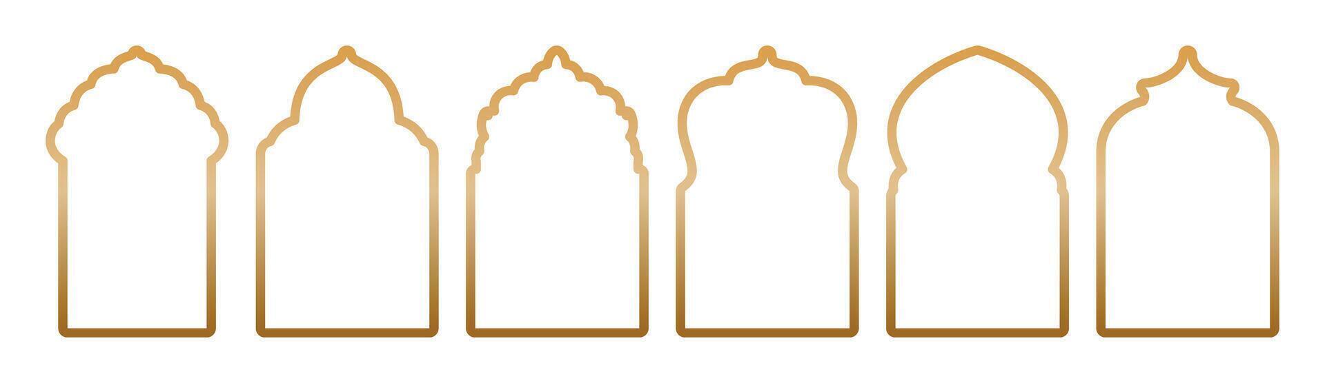 Arabic arch frames with gold gradient stroke border. Social media, promotions and advertising banners, Islamic frame. Ramadan Kareem design element, invitation or card template. Muslim holidays shapes vector