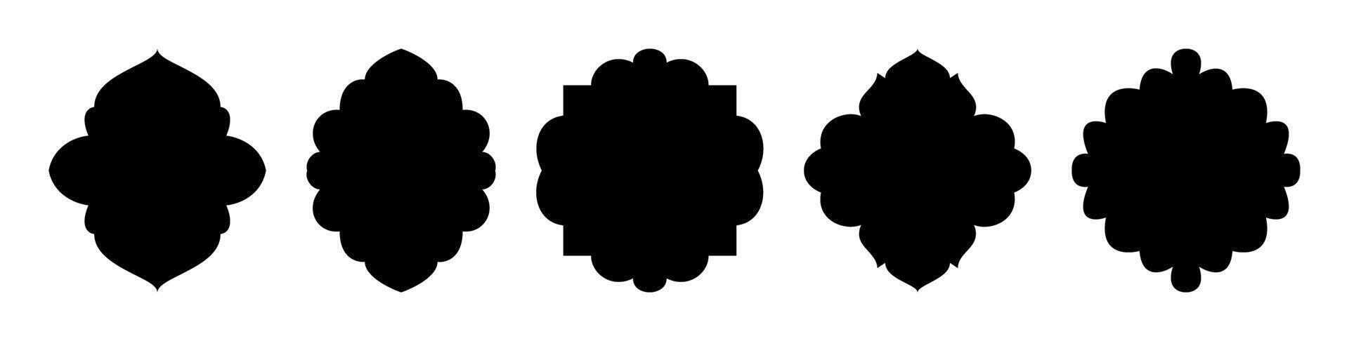 Traditional Islamic window shapes set. Black silhouette Eid Mubarak decorative arches, Arabic mosque borders or Moroccan oriental decor isolated on transparent. Muslim architecture Ramadan frames vector