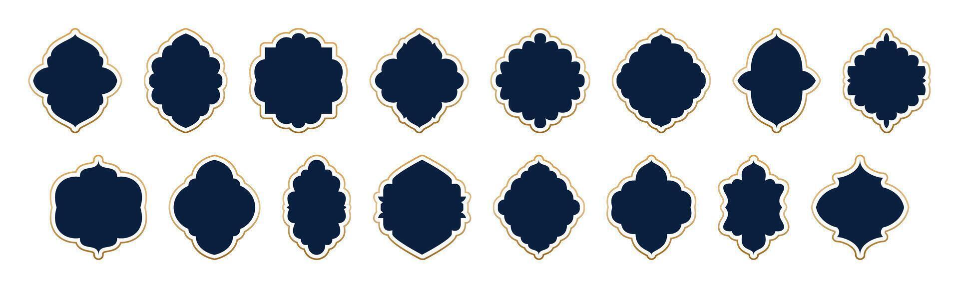 Arabic window and arch shapes in Moroccan, Islamic style. Mosque door frames, gold border, lantern for Ramadan Kareem and Eid Mubarak. set on transparent background. Flat icons for label design vector