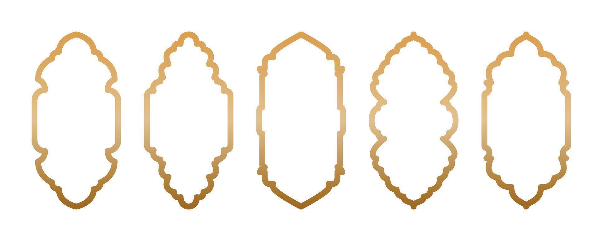 Gold Islamic window shape. Arabic golden arch, Ramadan Kareem frames. Muslim mosque silhouette of Moroccan border, portal. Eid Mubarak oriental mirror set. Arabian architecture elements of door gate vector