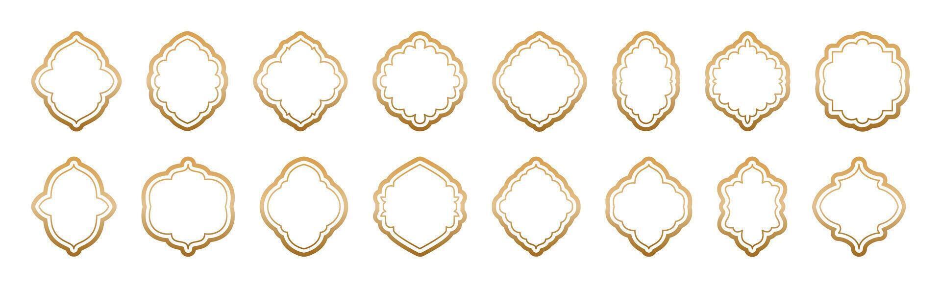 Islamic vintage frames outline with gold gradient isolated on transparent background. Lines shapes ornate, badges, labels set. Frames in Arabic Muslim design for Ramadan Kareem. Mosque gate shape vector