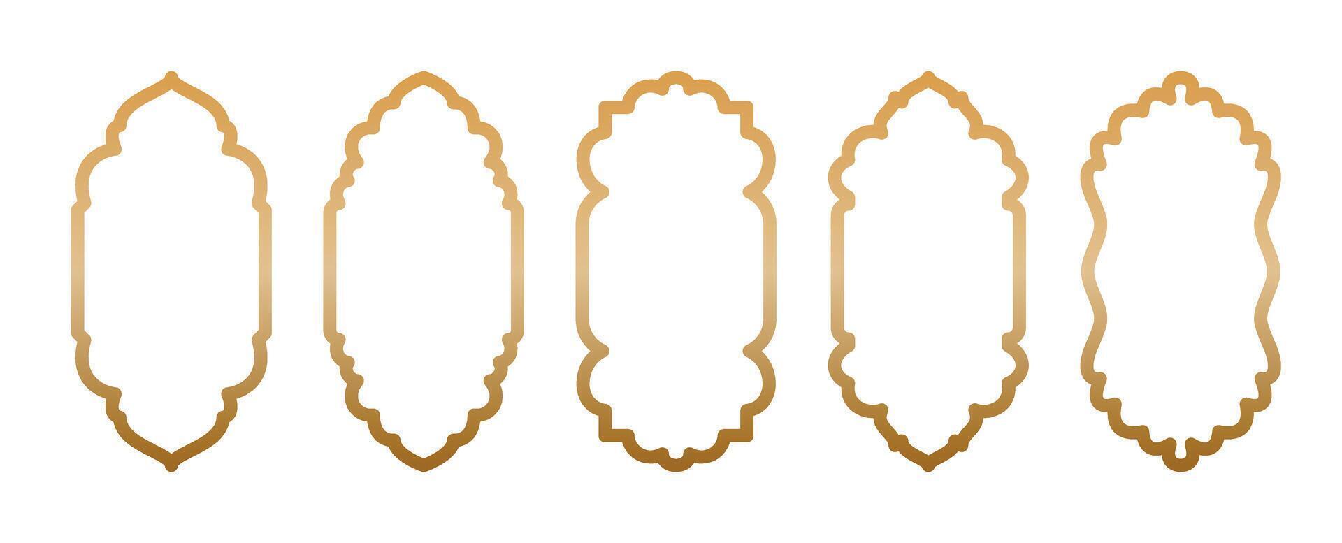 Arabic and Islamic gold window shapes, arches for mosque gates. Ramadan Kareem element set. Mosque door icons, Moroccan patterns in style. Transparent background, for social media and label vector