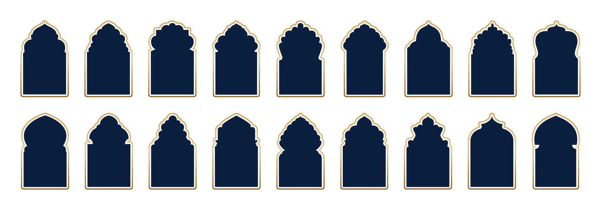 Arabian arc windows, mosque shapes graphic Islam elements. Arab decorative window, Muslim architecture ornate beautiful racy. Frames in Arabic Muslim design. silhouette Moroccan borders or gates vector