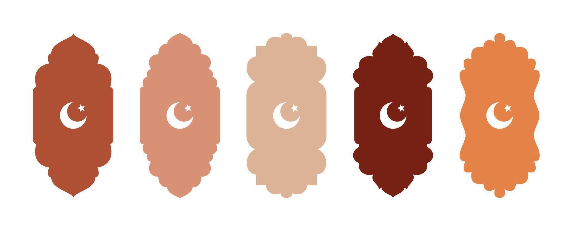 Collection of oriental style Islamic Ramadan Mubarak windows, arches with crescent in flat modern style design, door mosque, mosque dome and lanterns. Ramadan illustration. Traditional Islamic window vector