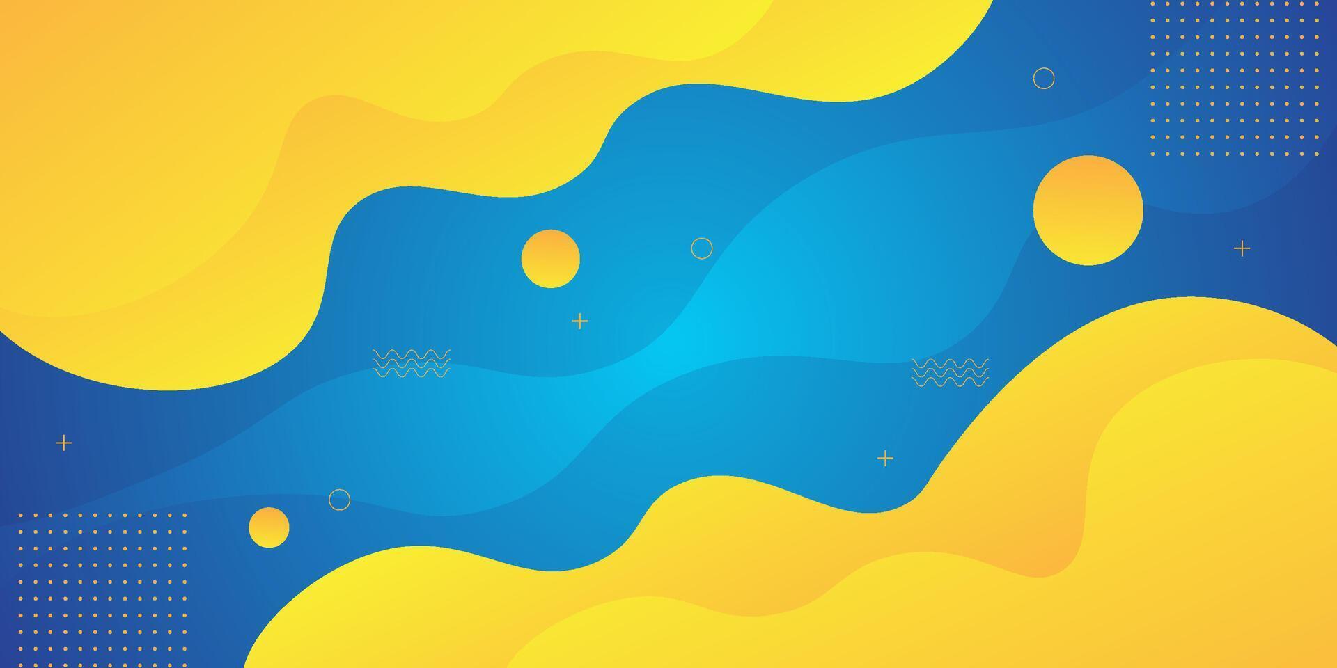 Yellow geometric wave business banner design. Wave and circle shapes on bright blue background. Simple horizontal banner. vector