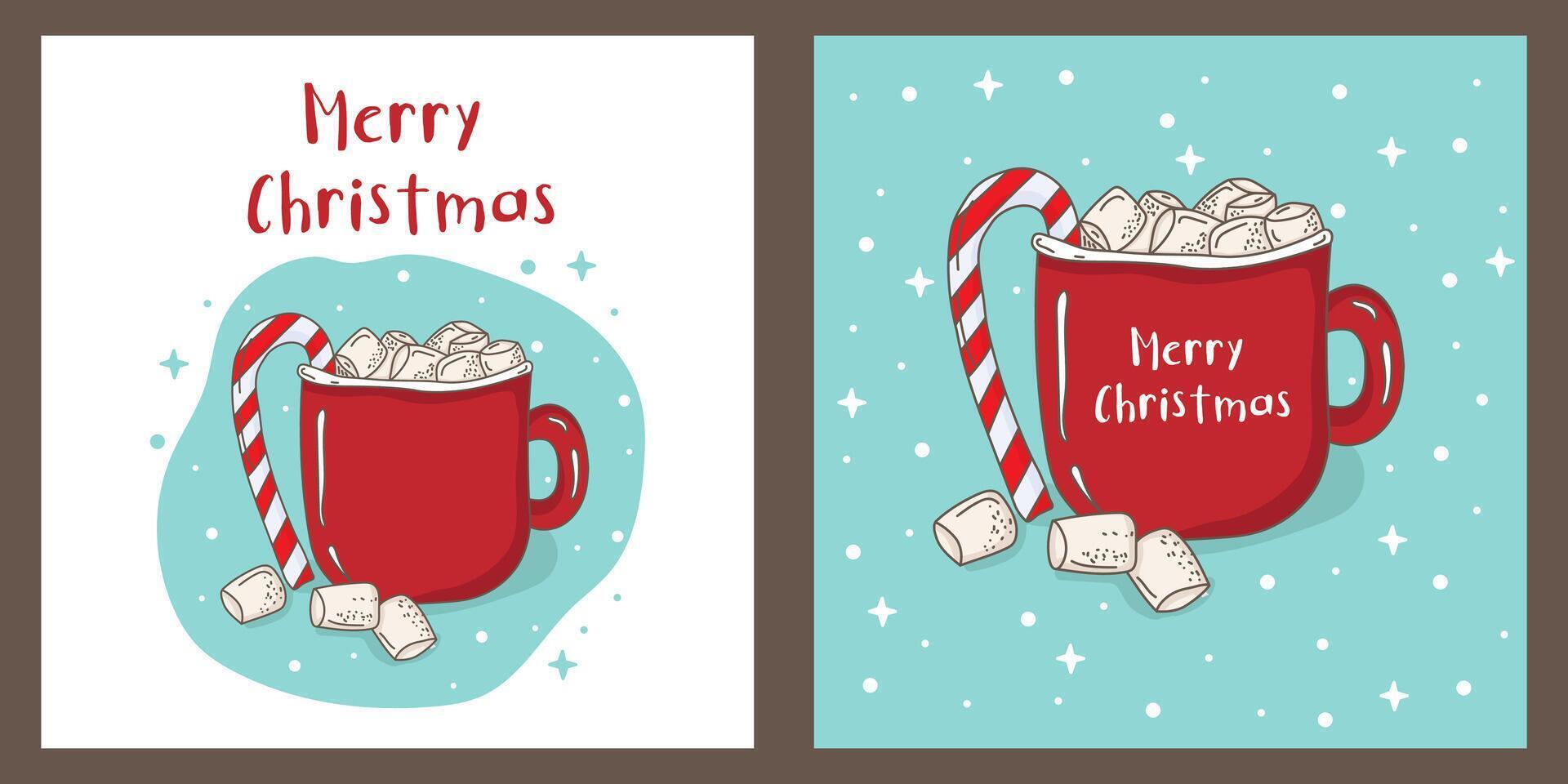 Hot chocolate or cocoa with marshmallows in a red mug with a candy cane. Merry Christmas design with a festive chocolate drink and text for invitations,greeting cards, banners, post for social network vector