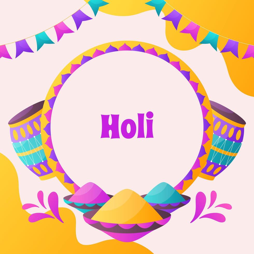Hand drawn cartoon Happy Holi circular frame vector