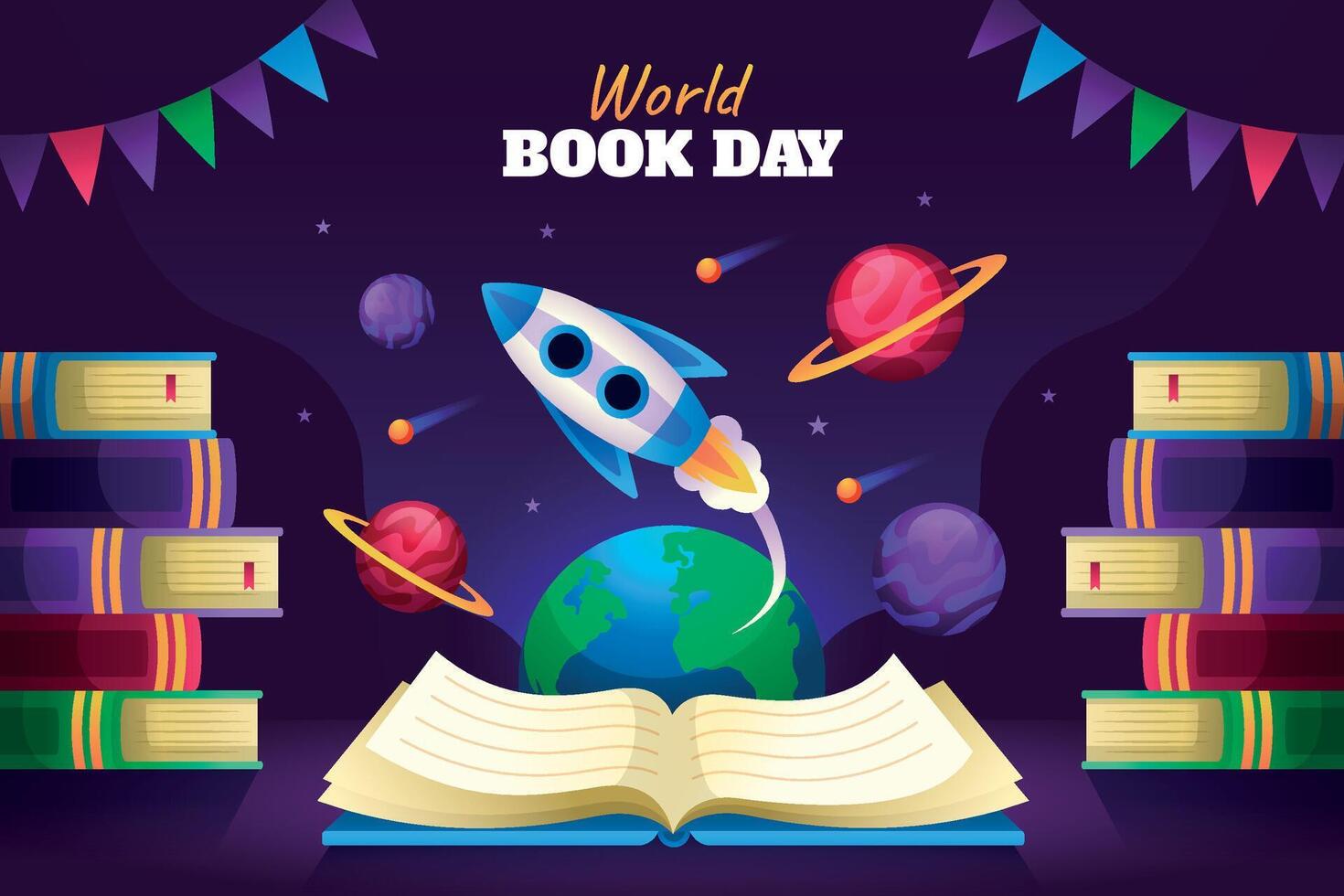 World book day flat cartoon composition vector