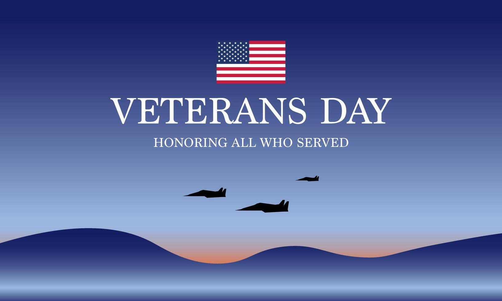 Veterans Day greeting card with silhouette of several fighter planes in the sky on a mountain range at sunrise. vector