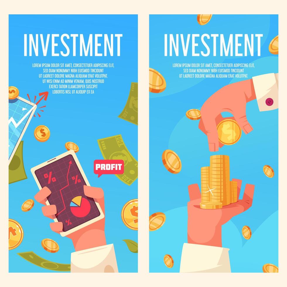Collection of two vertical banner template. Investment hand drawn flat compositions vector