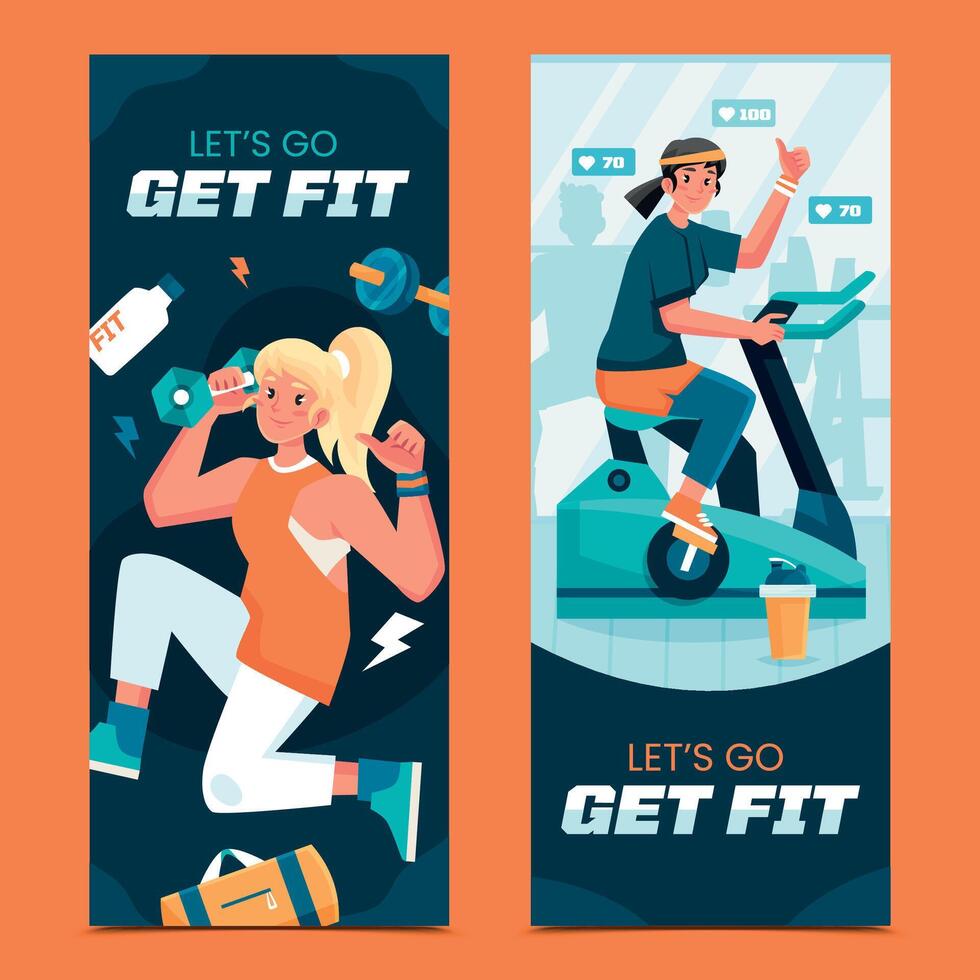 Hand drawn flat fitness banner set vector