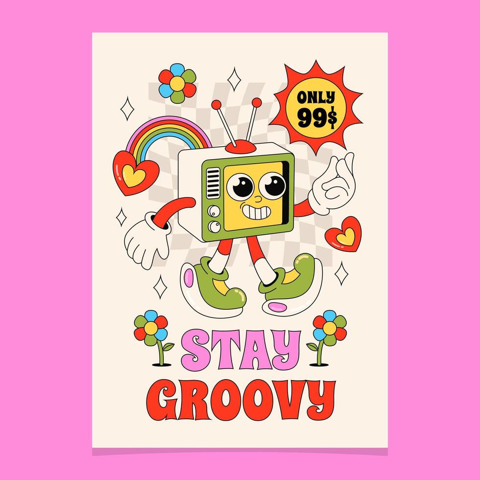 Groovy 70s flyer template in hand drawn style vector