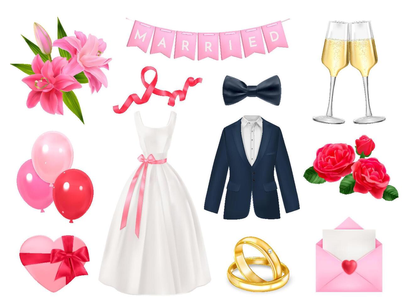 Wedding elements set in realistic style vector
