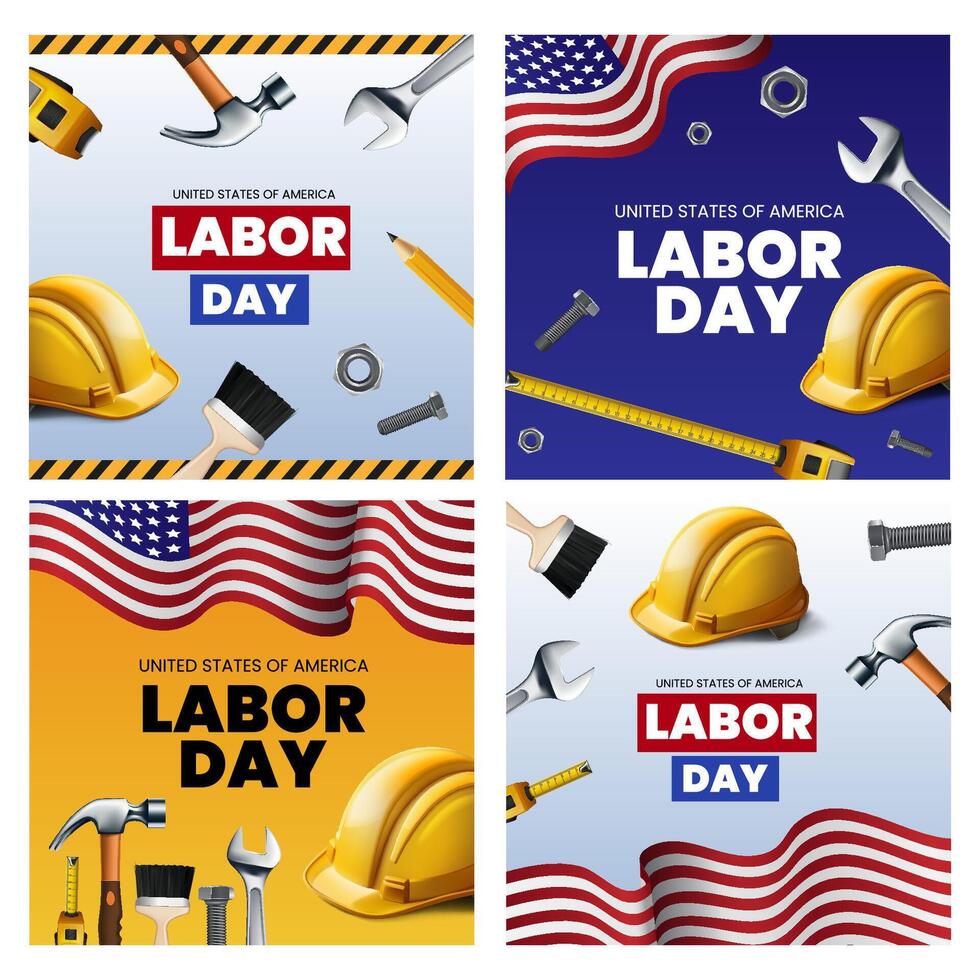 Realistic Labor day holiday square cards template collection vector