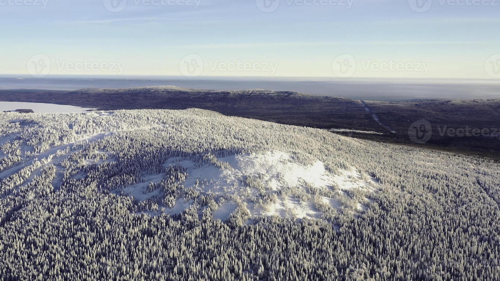 Top view of hilltop covered with snow. Footage. Winter landscape of mountain area with dense coniferous forest covered with snow and foggy horizon with blue sky photo