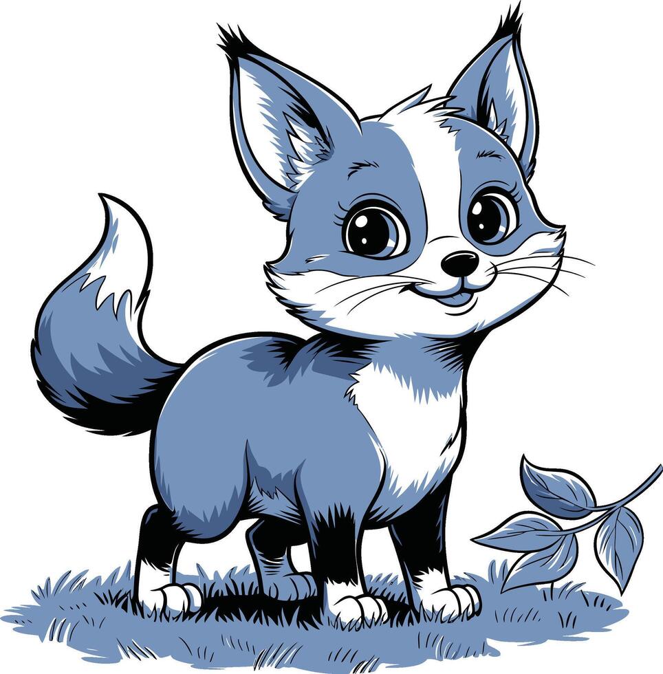 a cartoon blue fox with a leaf in its mouth vector