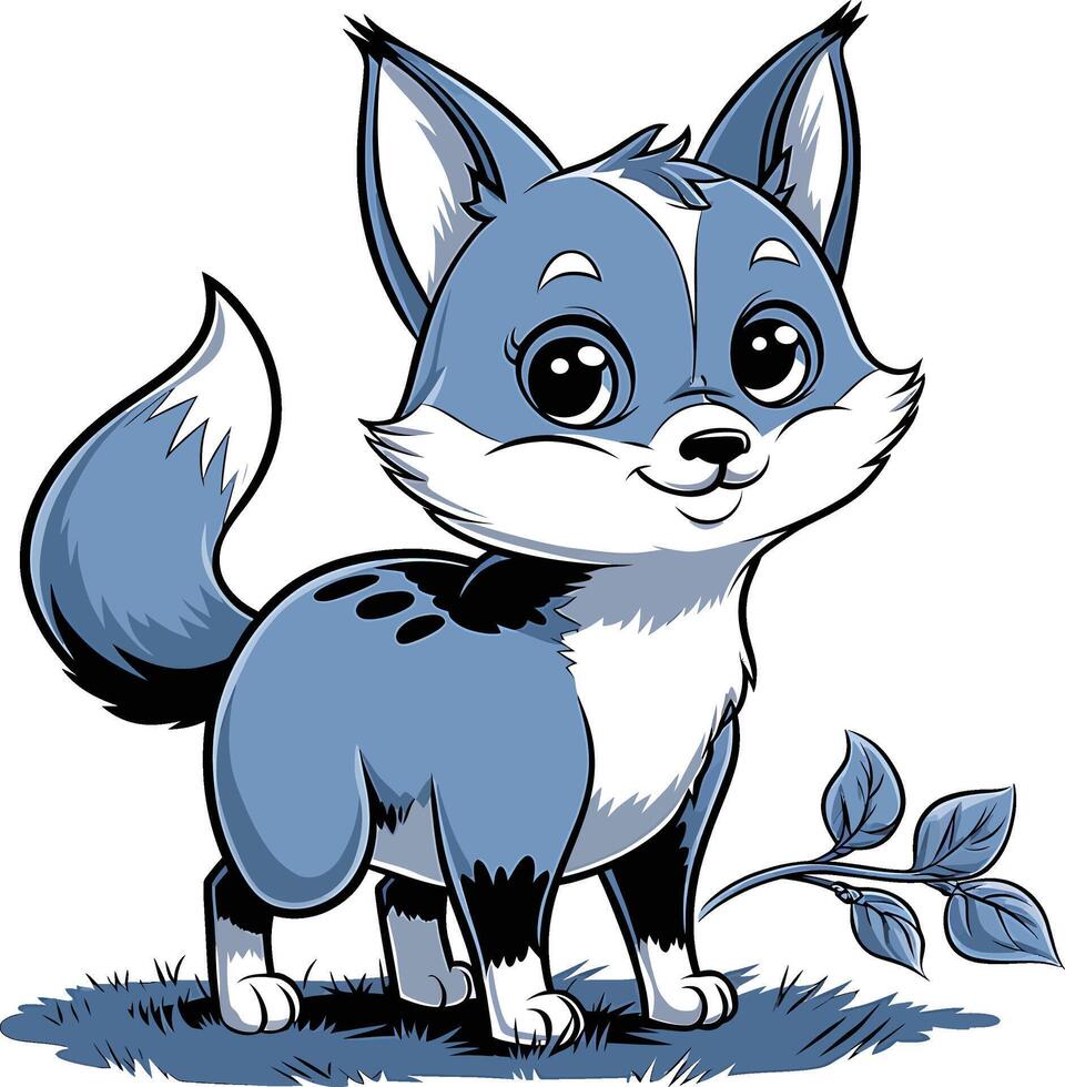 a cartoon blue fox with a leaf vector