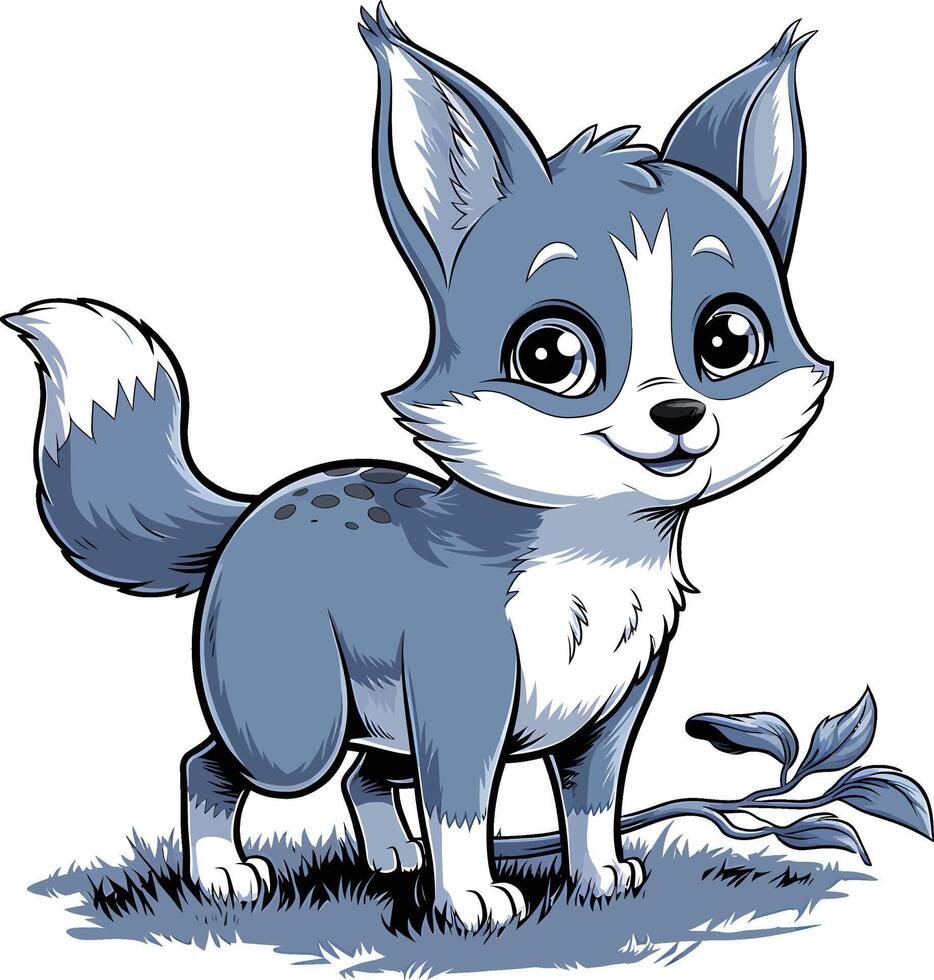 a cartoon blue fox standing on a grassy hill vector