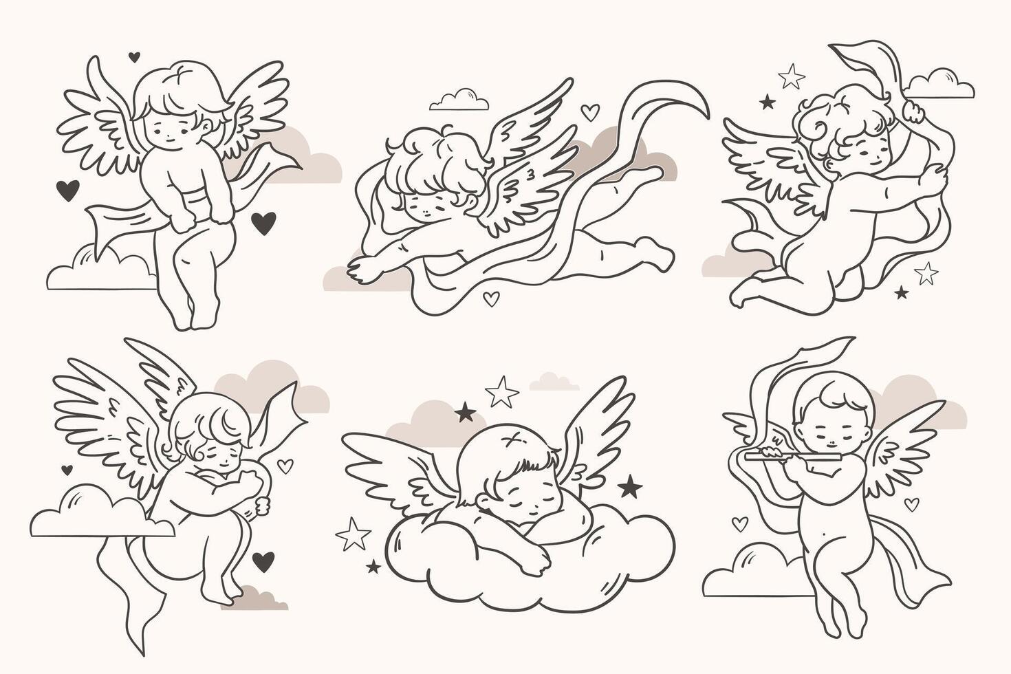 Hand drawn vintage angels mini composition set vector